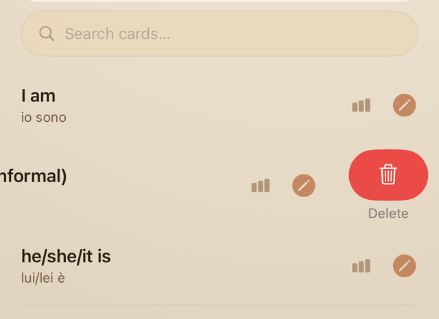 Inside a deck, tap the pencil or swipe a card to edit or delete it, or use the ... menu to delete the whole deck.