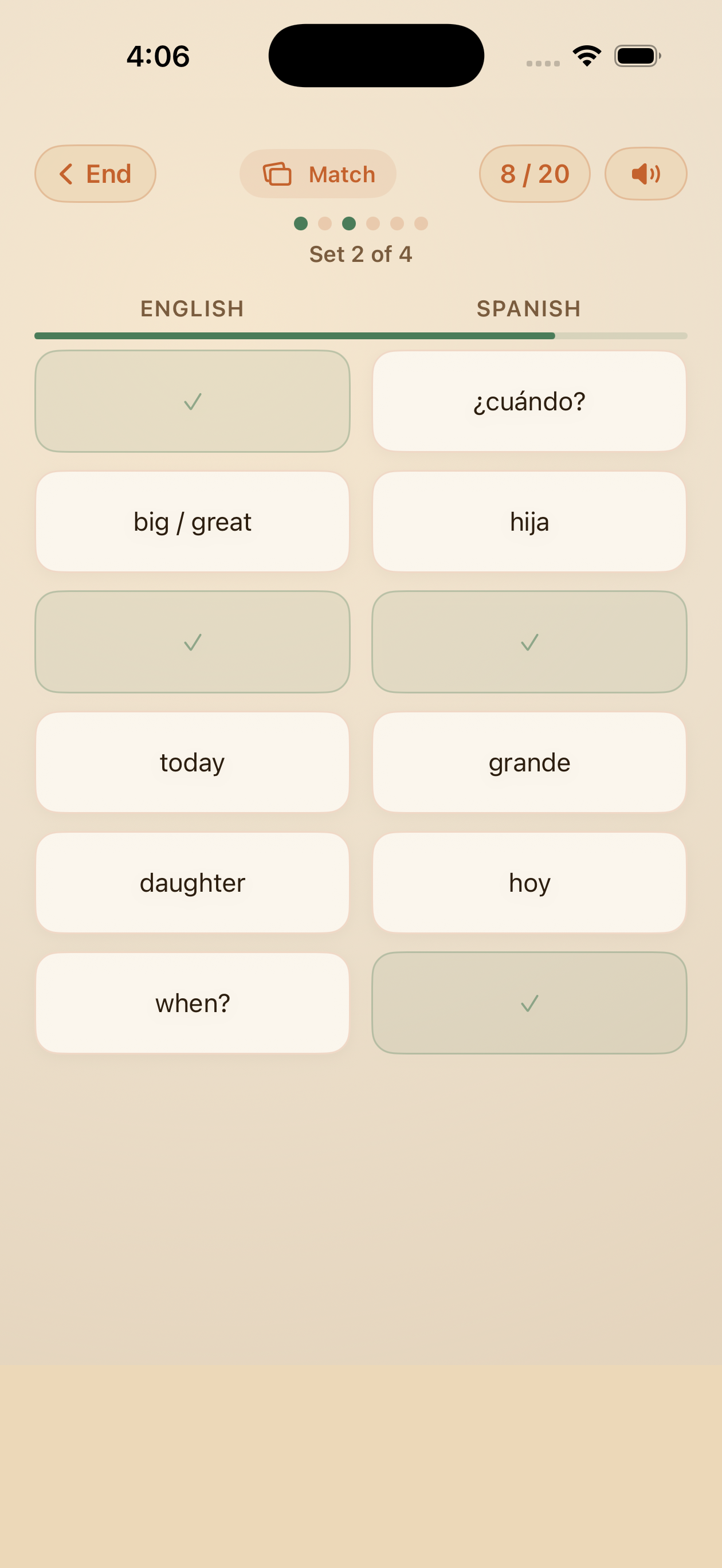 Match game showing a grid of flashcards being paired