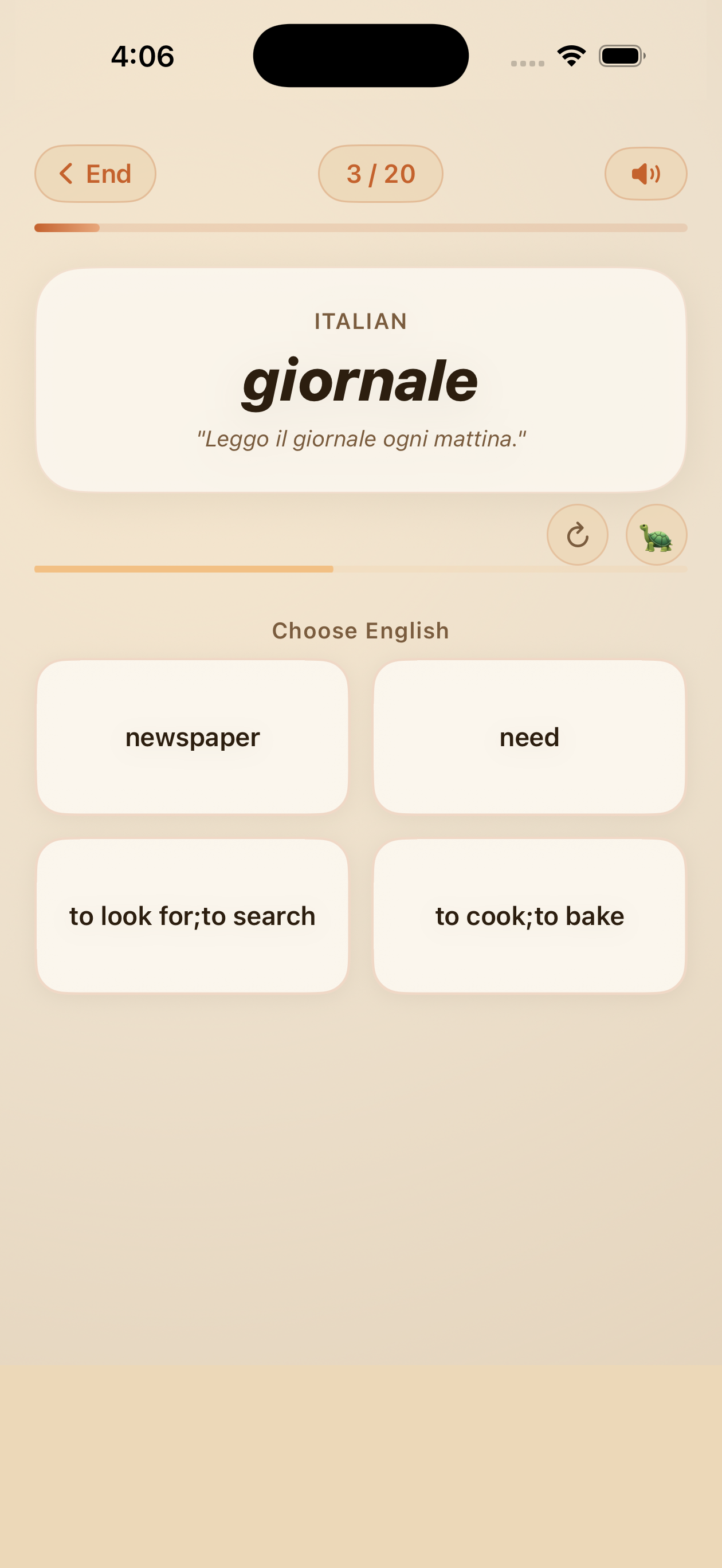 Multiple choice quiz showing a word with four possible translations to choose from