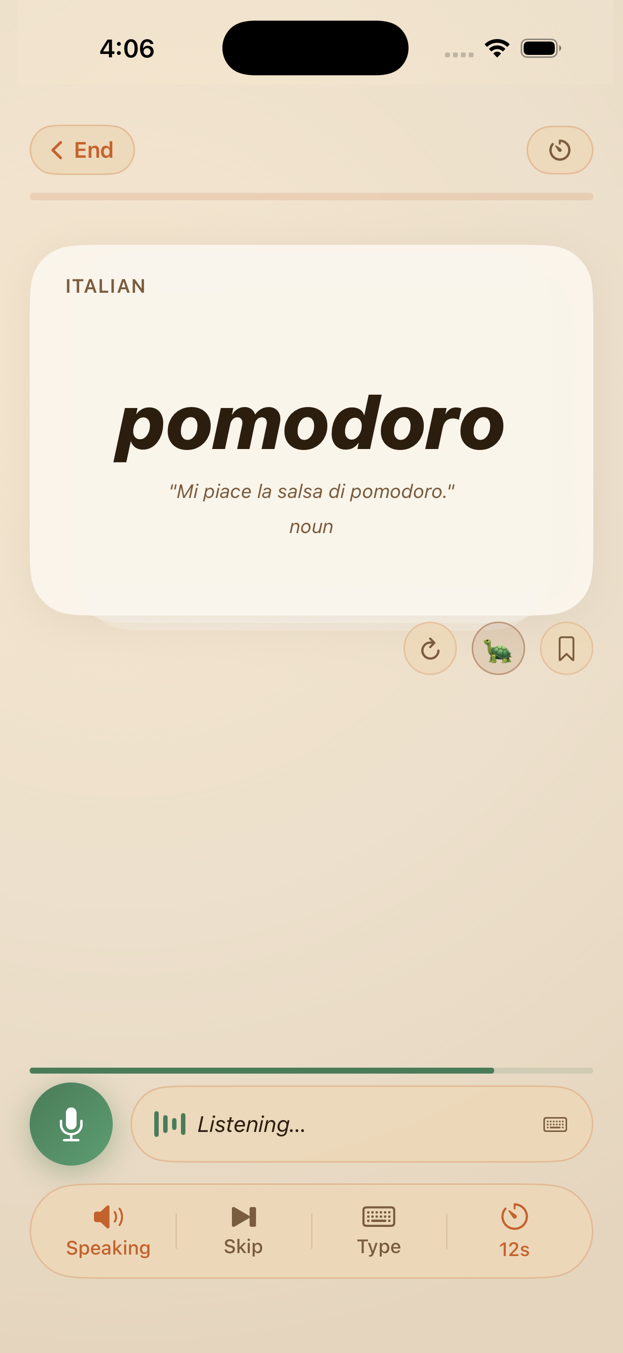 Study session showing an Italian word, its English translation, an example sentence, and a microphone button